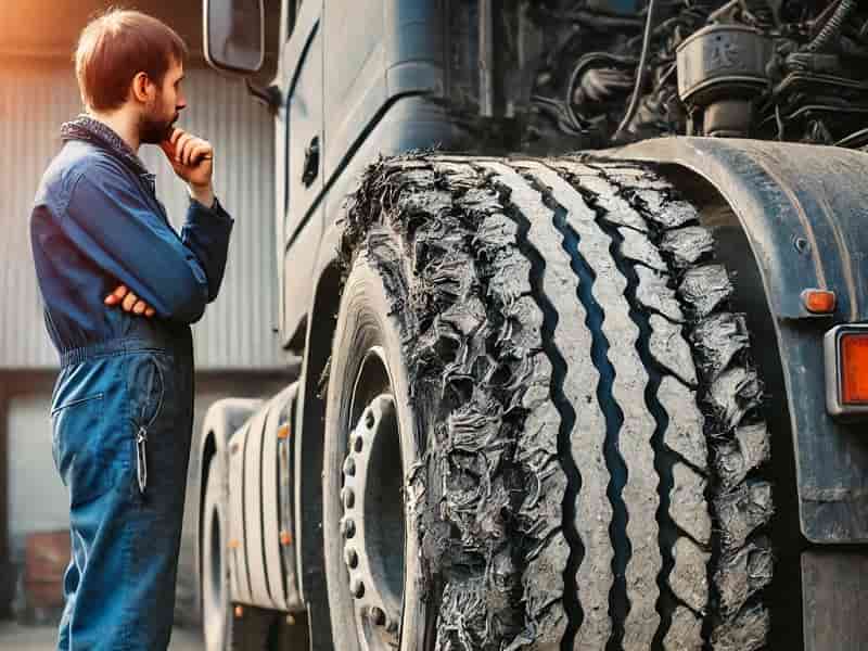 Mecanico delante rueda de camion desgastada